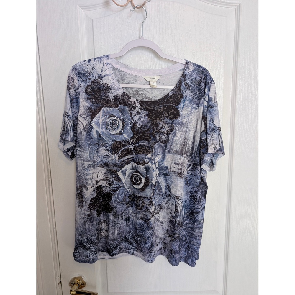 CJ Banks Womens Blue Floral Burnout Rhinestone Top 1X Short Sleeve Scoop Neck